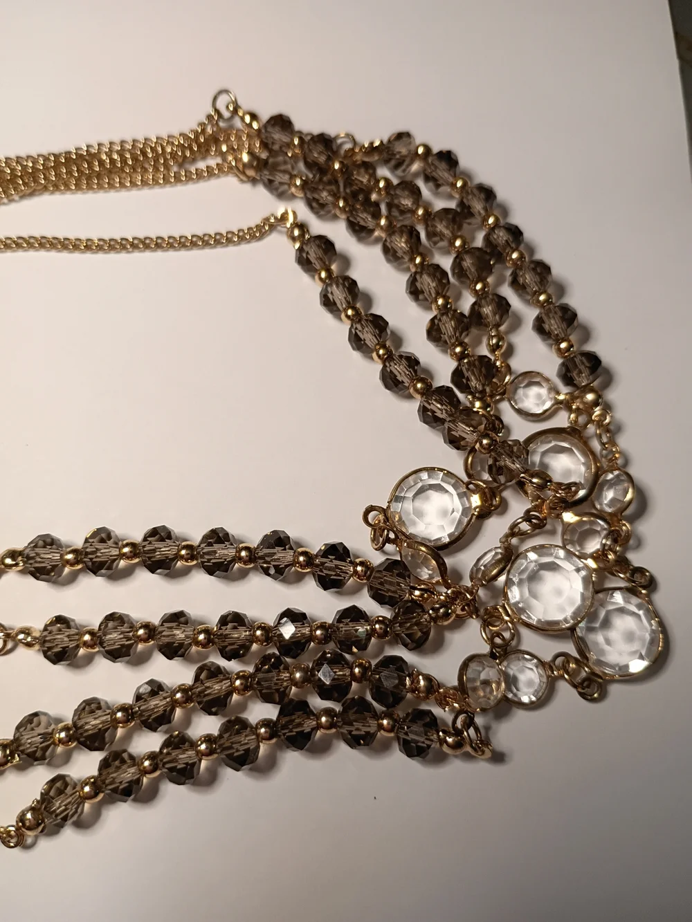 Gold Tone Tassel Flapper Style Double Strand Necklace With Smokey Beads